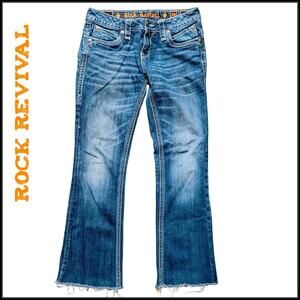 New ROCK REVIVAL Ele Blue Jeans Mid Fade Wash Fleur de Lis Flap Pockets Women 28